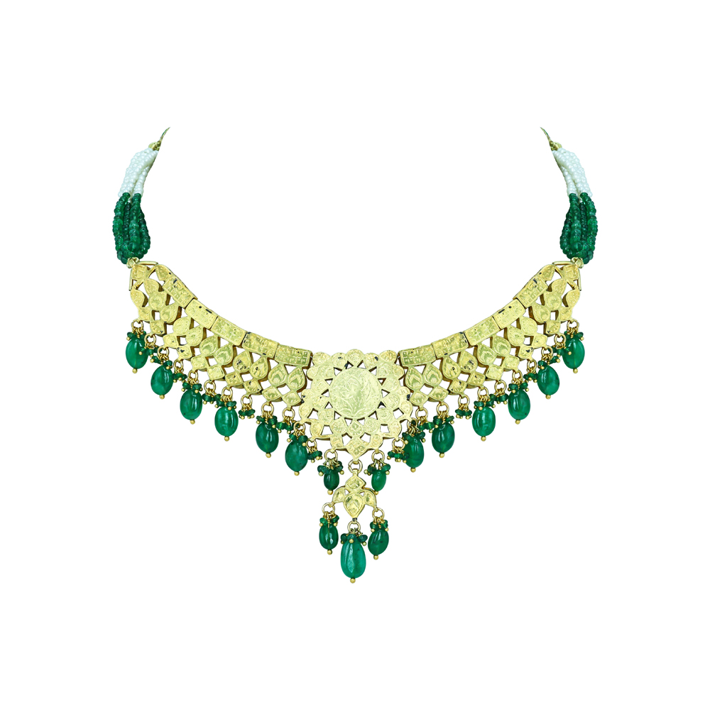 Polki Diamond Necklace with Captivating Design and Emerald Drops